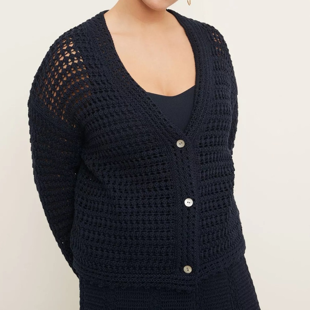 Vince Women's 100% Organic Cotton Crochet Cardigan Sweater Navy Blue XL - Picture 4 of 15